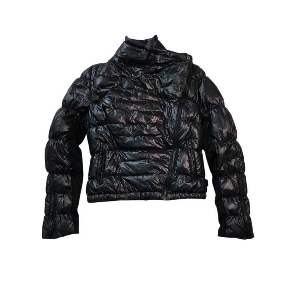 Bebe Women's Black‎ Asymmetric Puffer Jacket Moto Quilted Coat Glossy Size M